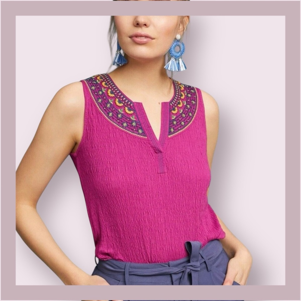 Anthropologie Akemi + Kin Vizala Vibrant Magenta Embroidered Tank Top